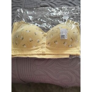 Yellow Floral Print Button Front Comfort Bra Sleep Wireless Camisole Top NIB